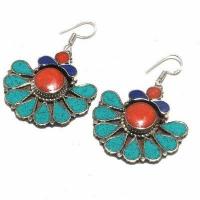 Tqa 392a boucles oreilles 26gr tibet orientale turquoise corail lapis lazuli vente argent 925 1