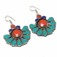 Tqa 392b boucles oreilles 26gr tibet orientale turquoise corail lapis lazuli vente argent 925 1