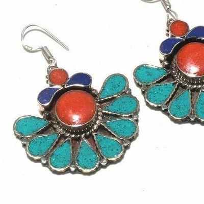 Tqa 392d boucles oreilles 26gr tibet orientale turquoise corail lapis lazuli vente argent 925 1