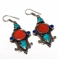 Tqa 393a boucles oreilles 23gr tibet turquoise corail lapis lazuli achat vente argent 925 1