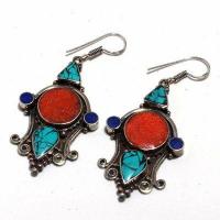 Tqa 393b boucles oreilles 23gr tibet turquoise corail lapis lazuli achat vente argent 925 1