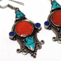 Tqa 393c boucles oreilles 23gr tibet turquoise corail lapis lazuli achat vente argent 925 1