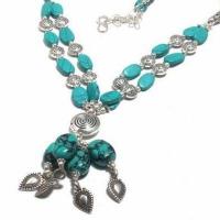 Tqa 425b collier parure sautoir 2rangs 4xpendants 45gr 8x12mm turquoise vente bijou argent 925 1