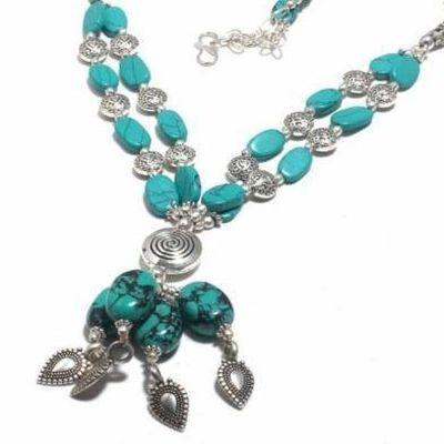 Tqa 425b collier parure sautoir 2rangs 4xpendants 45gr 8x12mm turquoise vente bijou argent 925 1