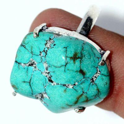 Tqa 485c bague chevaliere t59 8gr 20x25mm turquoise ethnique tibet vente bijou argent 925