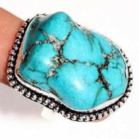 Tqa 492b bague chevaliere t60 16gr 30x20mm turquoise ethnique tibetaine vente bijou argent 925