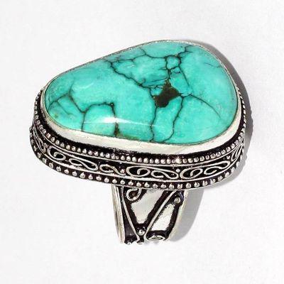 Tqa 502b bague chevaliere t58 12gr 18x26mm turquoise ethnique tibetaine vente bijou argent 925