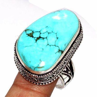 Tqa 505b bague chevaliere t58 14gr 18x30mm turquoise ethnique tibetaine vente bijou argent 925