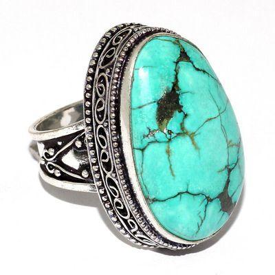 Tqa 506a bague chevaliere t57 14gr 30x20mm turquoise ethnique tibetaine vente bijou argent 925