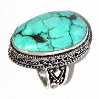 Tqa 506c bague chevaliere t57 14gr 30x20mm turquoise ethnique tibetaine vente bijou argent 925