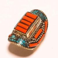 Tqa 508b bague chevaliere t60 30gr 40x30mm turquoise corail vente bijou argent 925