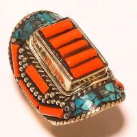 Tqa 508c bague chevaliere t60 30gr 40x30mm turquoise corail vente bijou argent 925