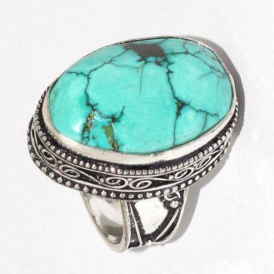 Tqa 524b bague chevaliere t60 11gr 15x25mm turquoise ethnique tibetaine vente bijou argent 925