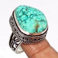 Tqa 526c bague chevaliere t57 12gr 20x25mm turquoise ethnique tibetaine vente bijou argent 925