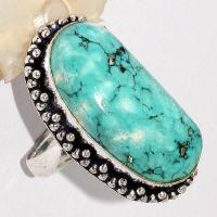 Tqa 528b bague chevaliere t60 13gr 15x30mm turquoise ethnique tibetaine vente bijou argent 925