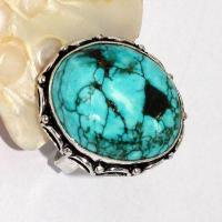 Tqa 529c bague chevaliere t56 9gr 20x25mm turquoise ethnique tibetaine vente bijou argent 925