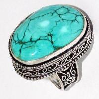 Tqa 531c bague chevaliere t57 14gr 20x30mm turquoise ethnique tibetaine vente bijou argent 925