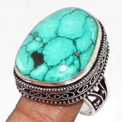 Tqa 534a bague chevaliere t57 13gr 20x25mm turquoise ethnique tibetaine vente bijou argent 925