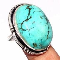 Tqa 537b bague chevaliere t56 12gr 22x28mm turquoise ethnique tibetaine vente bijou argent 925