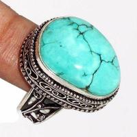 Tqa 538b bague chevaliere t58 12gr 16x22mm turquoise ethnique tibetaine vente bijou argent 925