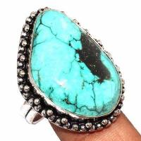 Tqa 541c bague chevaliere t57 11gr 20x30mm turquoise ethnique tibetaine vente bijou argent 925