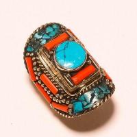 Tqa 559a bague chevaliere t60 34gr 40x30mm turquoise corail vente bijou argent 925