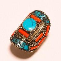 Tqa 559b bague chevaliere t60 34gr 40x30mm turquoise corail vente bijou argent 925