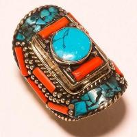 Tqa 559c bague chevaliere t60 34gr 40x30mm turquoise corail vente bijou argent 925