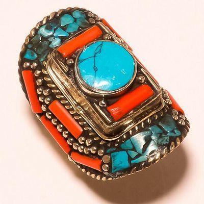 Tqa 559c bague chevaliere t60 34gr 40x30mm turquoise corail vente bijou argent 925