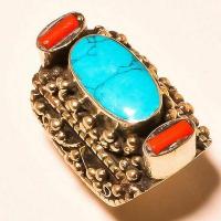 Tqa 560a bague chevaliere t58 32gr 40x30mm turquoise corail vente bijou argent 925