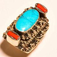 Tqa 560b bague chevaliere t58 32gr 40x30mm turquoise corail vente bijou argent 926