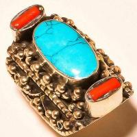 Tqa 560c bague chevaliere t58 32gr 40x30mm turquoise corail vente bijou argent 925