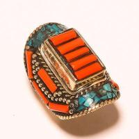 Tqa 571a bague chevaliere t61 32gr 40x30mm turquoise corail vente bijou argent 925