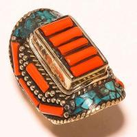 Tqa 571c bague chevaliere t61 32gr 40x30mm turquoise corail vente bijou argent 925