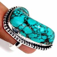 Tqa 579b bague chevaliere t54 12gr 20x30mm turquoise ethnique tibet vente bijou argent 925