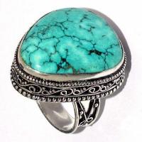 Tqa 610c bague chevaliere t58 13gr 25x28mm turquoise ethnique tibet achat vente bijou argent 925