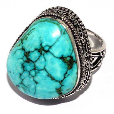 Tqa 617a bague chevaliere t58 15gr 25x20mm turquoise ethnique tibet achat vente bijou argent 925