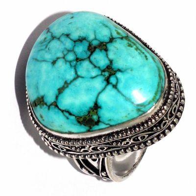 Tqa 617b bague chevaliere t58 15gr 25x20mm turquoise ethnique tibet achat vente bijou argent 925
