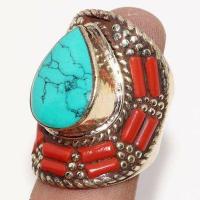 Tqa 620a bague chevaliere t58 15gr 25x20mm turquoise ethnique tibet achat vente bijou argent 925