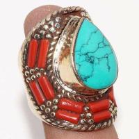 Tqa 620b bague chevaliere t58 15gr 25x20mm turquoise ethnique tibet achat vente bijou argent 925