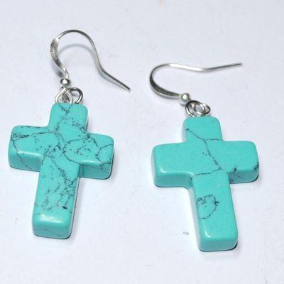 Tqa 700a boucles oreilles croix chretienne turquoise 18x25mm crucifix 1